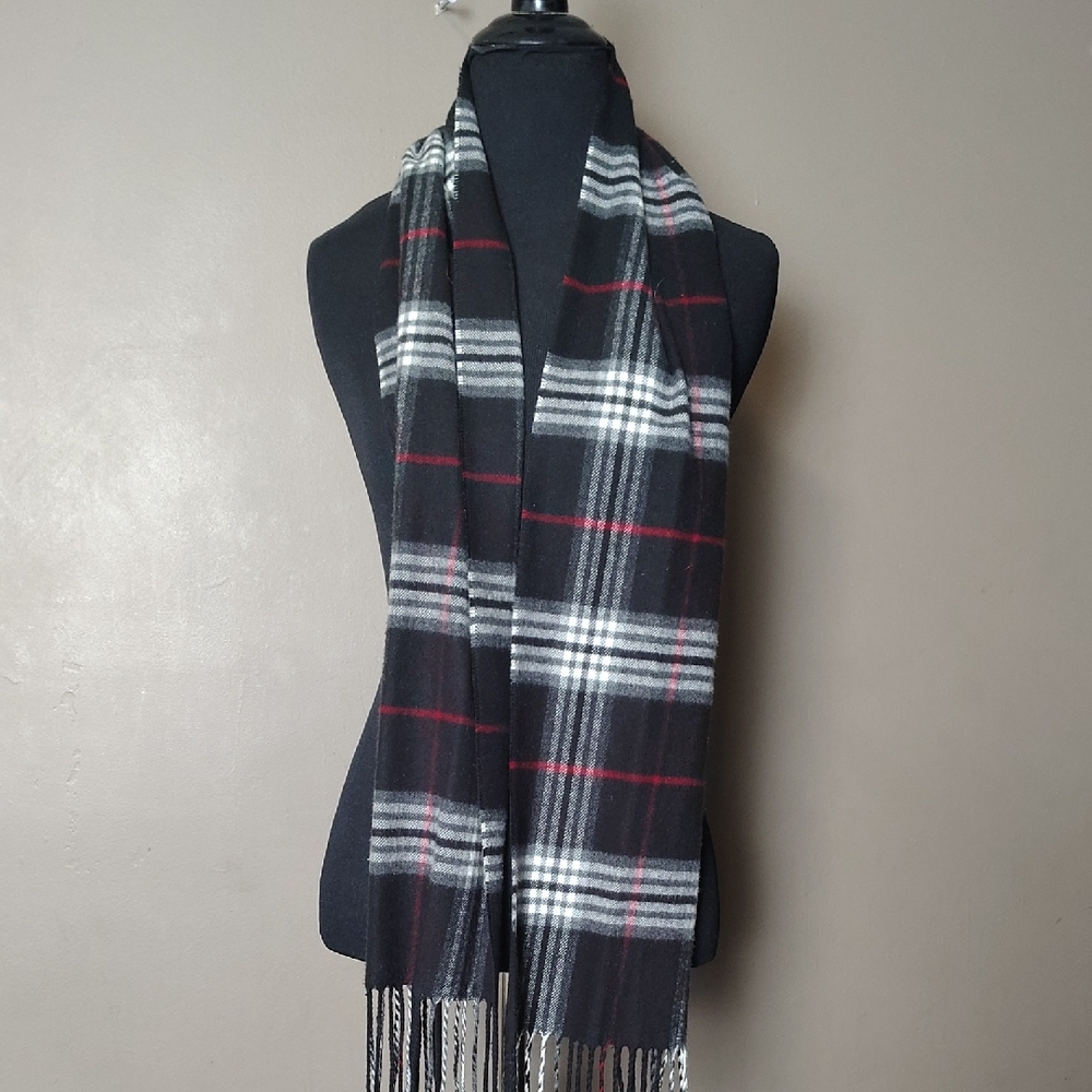 V. Fraas Black/Red/Gray Plaid Scarf W Fringe 10x60